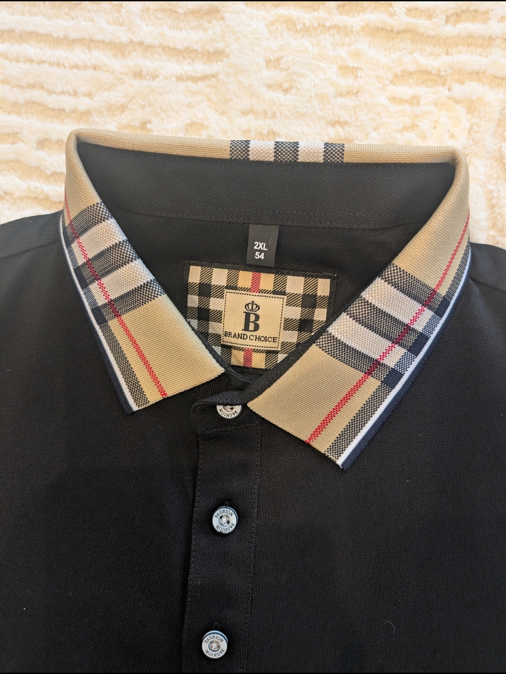 Black Polo with Contrast Check Collar and Stripe-Trim Sleeves